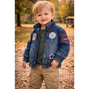 Liliput Premium Boys Denim Jacket 9–12M Blue Patchwork Bomber Jean Coat